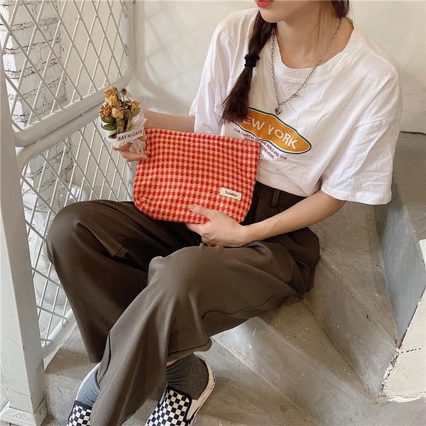 

jacquard plaid cosmetic bags vintage canvas large capacity makeup pouch bag for women travel organizer 2021 korean & cases