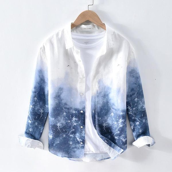 

men japan chic gradient color long sleeve lapel shirts 100% linen fabric breathable blouses spring summer streetwear casual men's, White;black