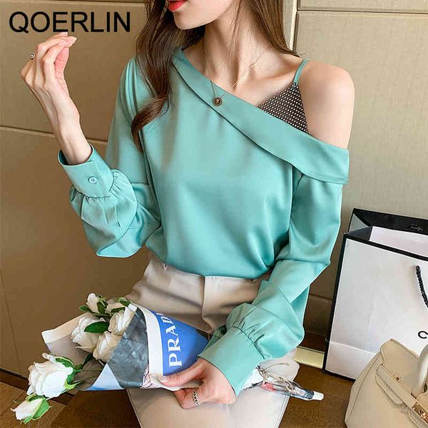 

skew collar beading shirts female plus size chic spring summer new spaghetti chiffon shirt blouse white office ladies 210416