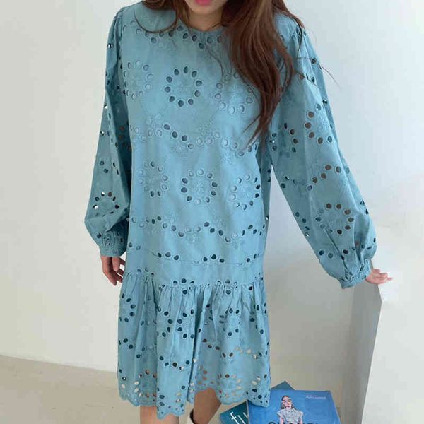 

women blue hook flower hollow ruffles long dress o-neck long puff sleeve loose fashion spring autumn 2f0528 210510, Black;gray