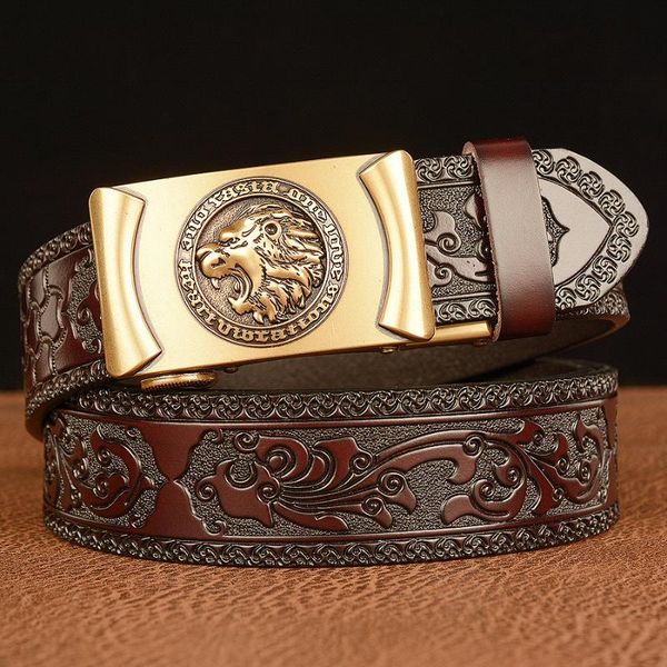 

belts real leather carved men's belt domineering retro lion automatic buckle national style, Black;brown