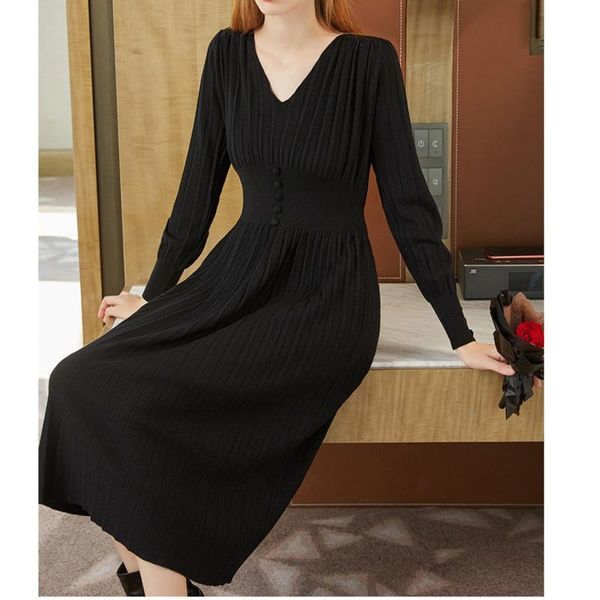 

casual dresses spring french v-neck pleated lantern sleeve high waist dress female knitted knee length fifd 0bbc, Black;gray