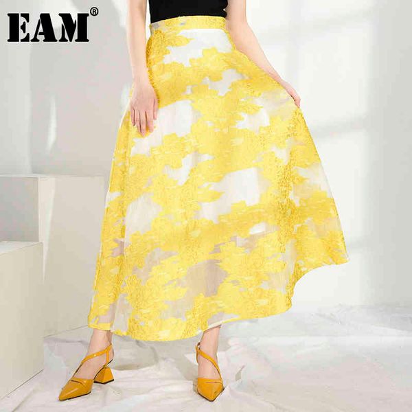 

[eam] high waist yellow embroidery split joint long temperament half-body skirt women fashion spring autumn s61807 210512, Black