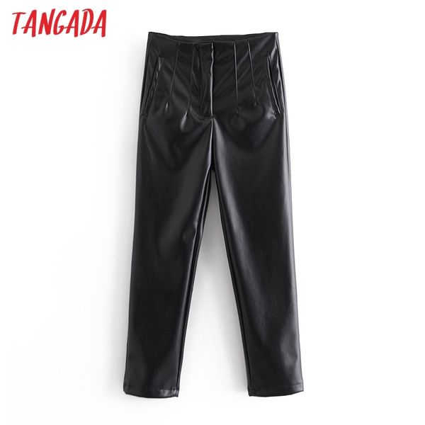 

women black faux leather high waist long trousers vintage style lady pants pantalon qn67 210416, Black;white