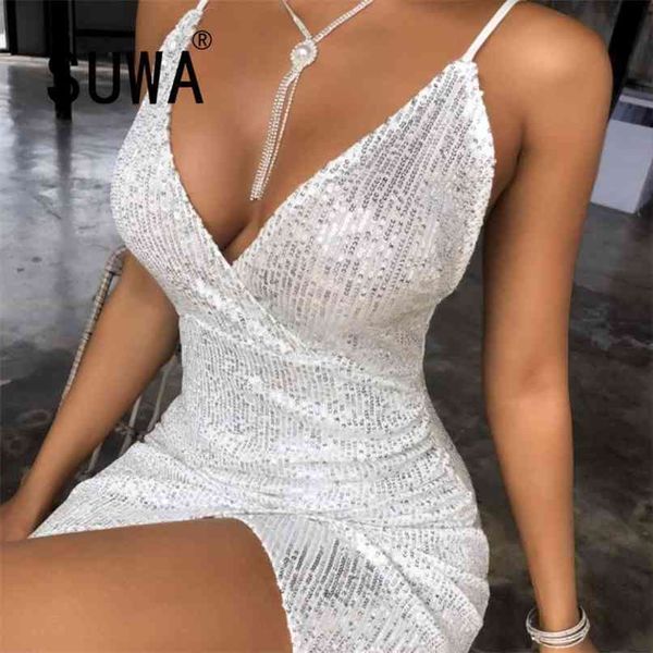 Dupla Camadas Vestido de festa de Natal Mulheres Branco Bodycon Glitter Sexy Spaghetti Cintas de Ombro Slim Lápis 210525