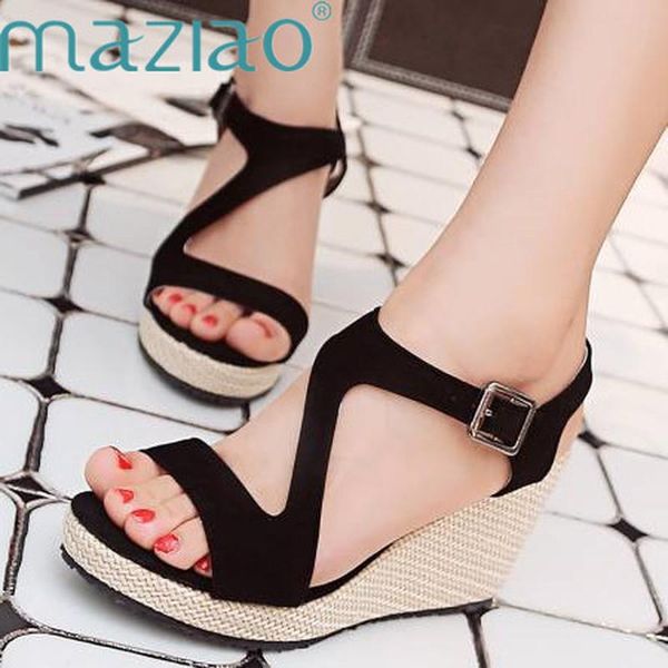 

women wedges heels platform sandals shoes woman pink gray open toe high heel pumps buckle strap wedding lady sandal shoe, Black