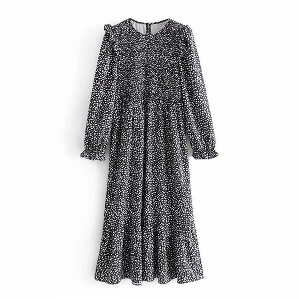 

fall winter women dress printed long sleeves o-neck elegant fashion casual midi es for 210420, Black;gray