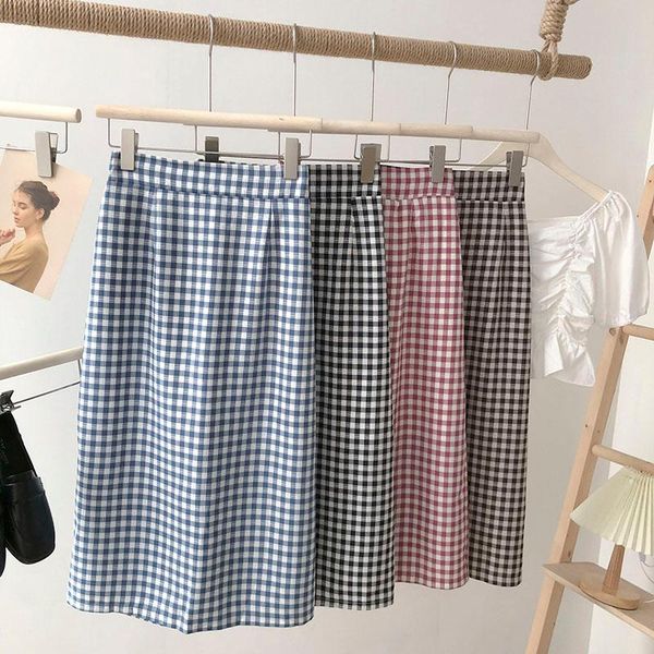

back slit elastic high waist contrast color plaid a-line skirt temperament covering the flesh and showing thin hip skirts, Black