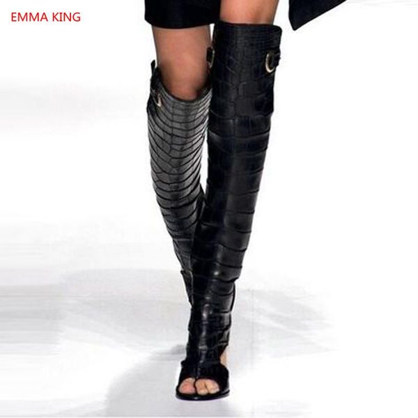 

cut-out runway back women summer boots 2021 ladies fashion high heels roman sandals black over the knee gladiator shoes