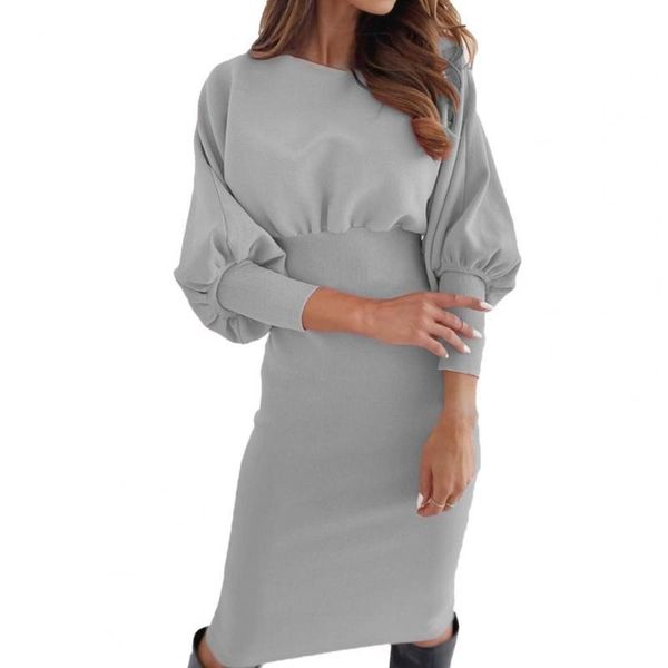 

casual dresses women's lady dress 2021 solid color lantern sleeve elastic waist tight knitted sheath for dating, Black;gray