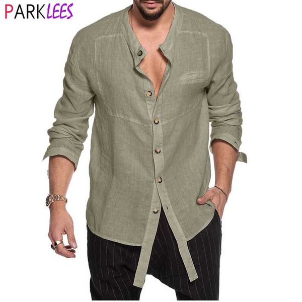 

army green cotton linen shirt men 2021 fashion irregular design long sleeve shirts mens casual banded collar chemise homme 3xl men's, White;black