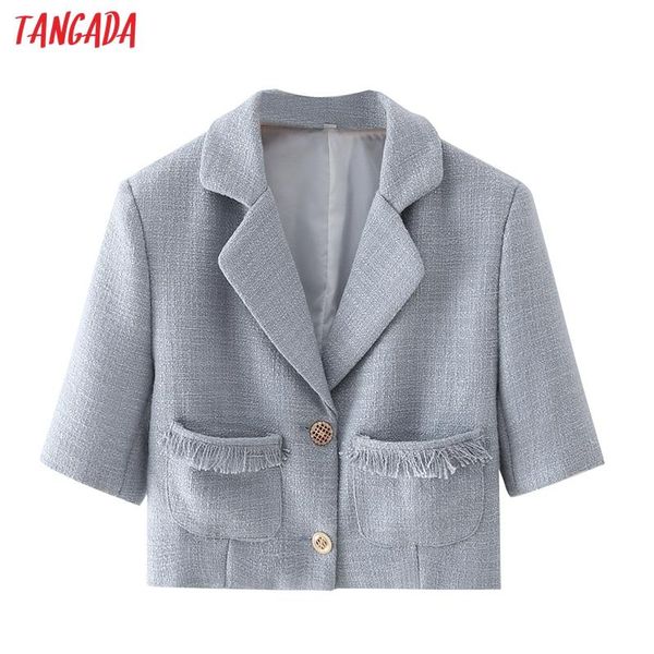 

women's suits & blazers tangada women 2021 fashion tweed crop blazer coat tassel pocket short sleeve female outerwear chic da42, White;black