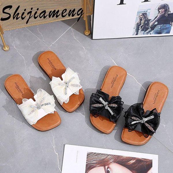 

leather fashion bow women's slippers 2021 summer casual shoes one line sandals, Black