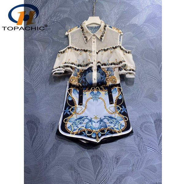

women's tracksuits 6.15 high end quality lapel off-shoulder chain print shirt + waist shorts temperament set women, Gray