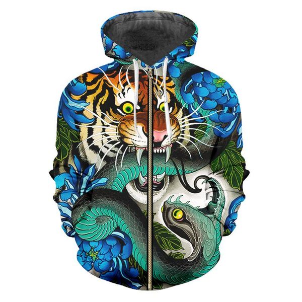 

men's hoodies & sweatshirts 3d printed winter zipper hoodie fashion blue tiger snake animal pattern oversized custom coat pocket jacket, Black