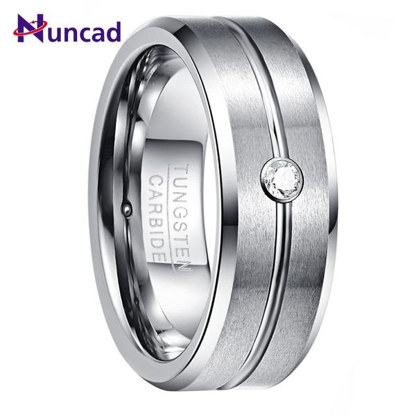 

wedding rings nuncad men's 8mm tungsten carbide cubic zirconia grooved band matte finish polished beveled edge, Slivery;golden