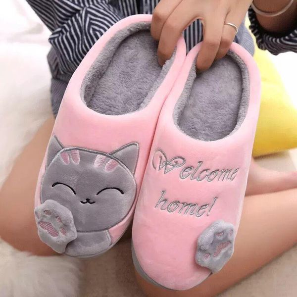 

women winter home slippers cartoon cat shoes non-slip soft warm house indoor bedroom couples floor, Black