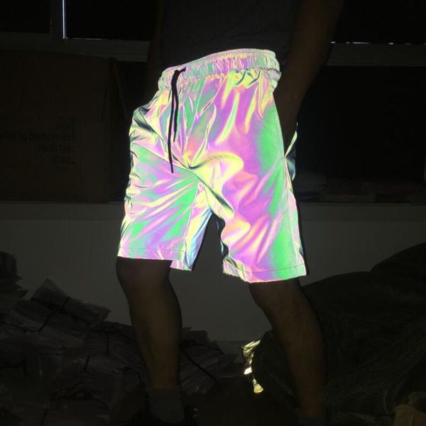 

men's shorts men summer night shiny colorful reflective elastic waist street dance short pants casual hip hop punk homme, White;black