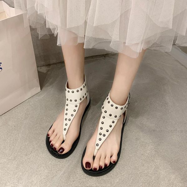 

sandals flip-foot pu female summer 2021 student style handsome rivet belt buckle solid flat rubber sole casual shoes, Black