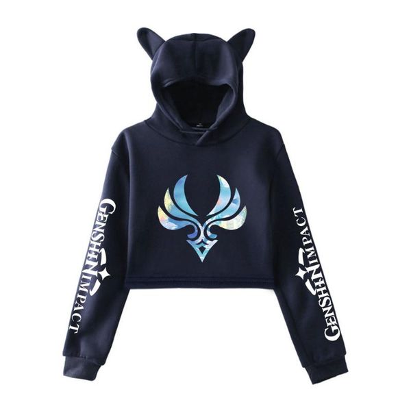 

women's hoodies & sweatshirts hip hop anime genshin impact print hoodie women navel short long sleeve cat ear funny crop, Black