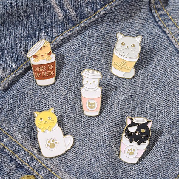 

water cup cute cat enamel pins "wake me up inside"coffee kitten cartoon bottle brooch goth animals lapel pin badges custom made je, Gray
