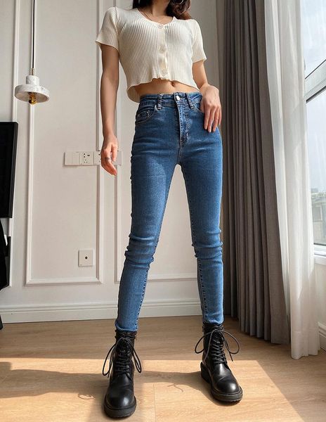 

women's jeans 2021 summer street fashion solid color thin mid-rise women, washing skinny elastic feet denim trousers, Blue