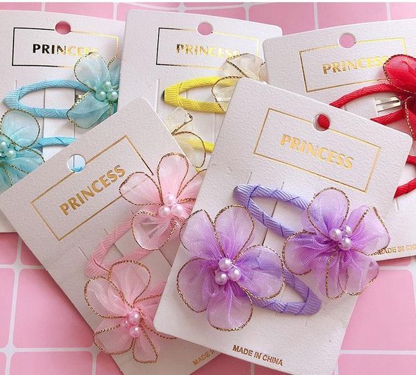 

children's pearl flower hair clip korean version of the net yarn bag cloth bb little girl ornament accessories, Slivery;white