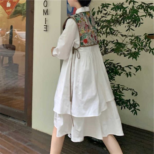 

floral vest + white puff long sleeve lapel irregular shirts dress women summer korean fashion chic casual sets 210610