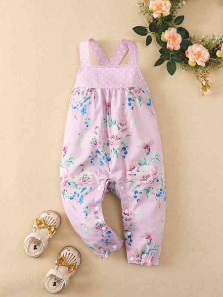 

baby floral & polka dot print criss cross back overalls she, Blue