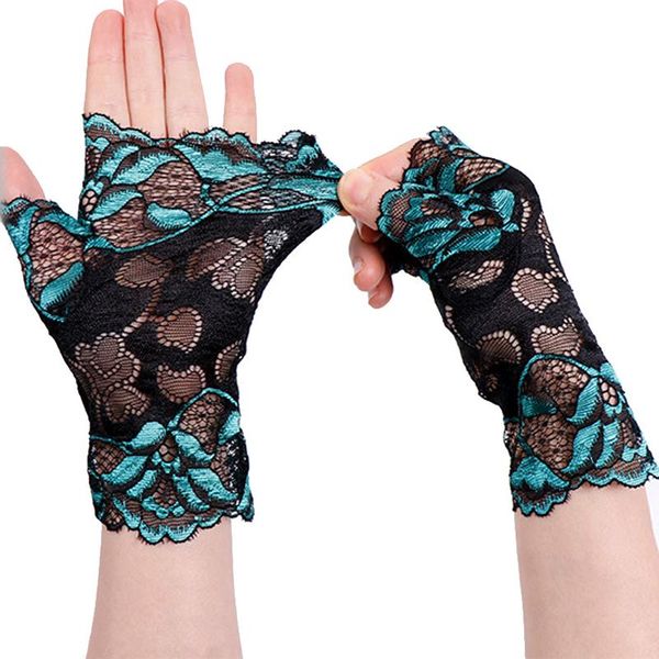 

five fingers gloves womens flower lace sunscreen short fingerless driving spring and summer mittens accessories, Blue;gray