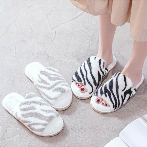 

products autumn winter simple zebra pattern fish mouth household girl shoes comfortable bedroom indoor home women slippers, Black