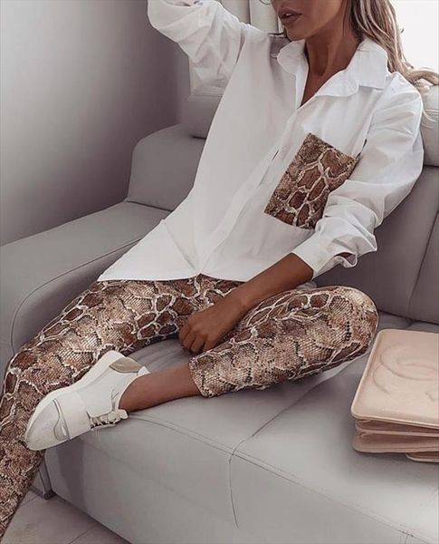 

suit snake contrast pocket womenpant and design 2 piece set, White