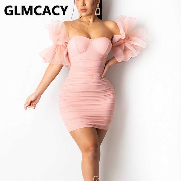 

ruffles sleeve off shoulder solid bodycon mini dress sweet summer party dresses 210702, Black;gray