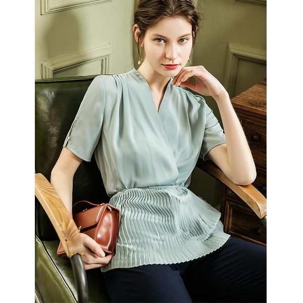 

women's blouses & shirts silky chiffon shirt women solid office v neck elegant belt pleated blouse lady fashion ropa de mujer female cl, White