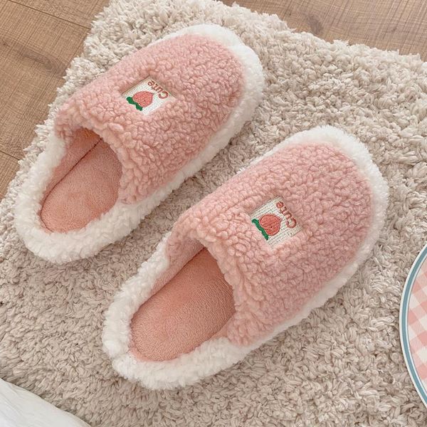 

cute pink peach girls house fuzzy slippers winter keep warm plush bedroom non-slip cotton shoes women fur, Black