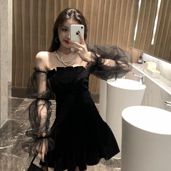 

casual dresses korean vintage women's black mesh party dress spring summer women clothes 2021 vestido robe femme zt5685, Black;gray