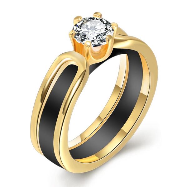 

wedding rings 2 layers black/white ceramic crystal jewelry zircon stainless steel rhinestone engagement r1037, Slivery;golden