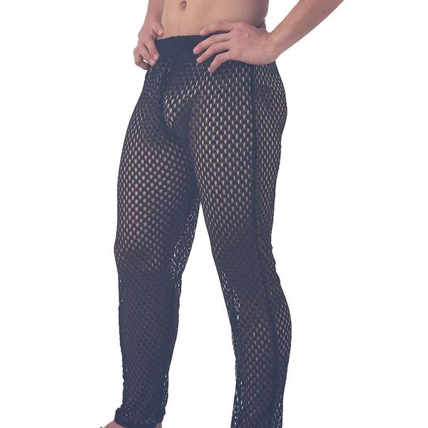 

men's sleepwear mesh casual home wear pants transparent pajama bottoms low waist youth net, Black;brown
