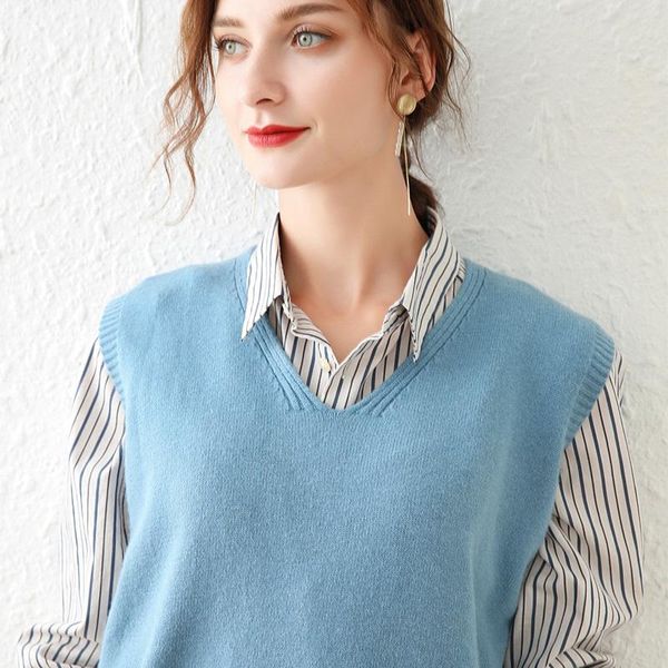 

women's knits & tees early autumn and winter korean version foreign style versatile v-neck black knitted vest loose sweater, White