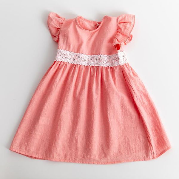 

2021 selling childrens clothing new fashion girl pure color pure cotton side fly sleeve round neck pleated dress, Red;yellow