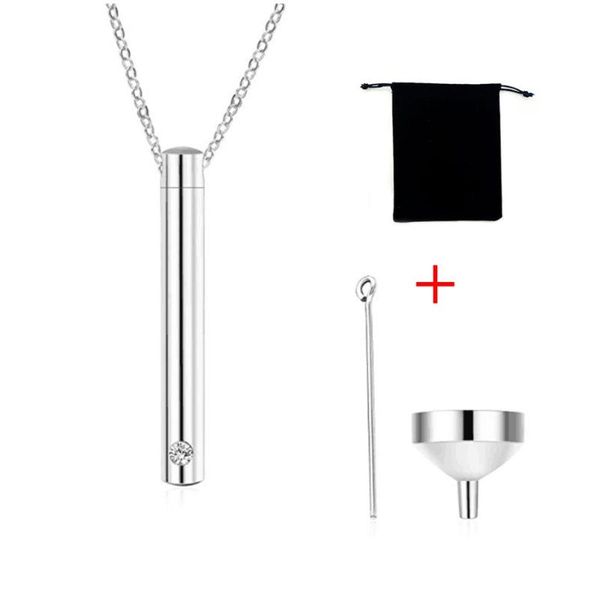 

pendant necklaces stainless steel transparent white rhinestone glossy cylindrical large capacity waterproof memorial ashes necklace, Silver
