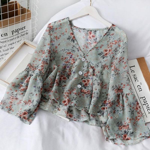

women's blouses & shirts women chiffon floral printed causal blouse ruffles long sleeves v neck female cozy, White