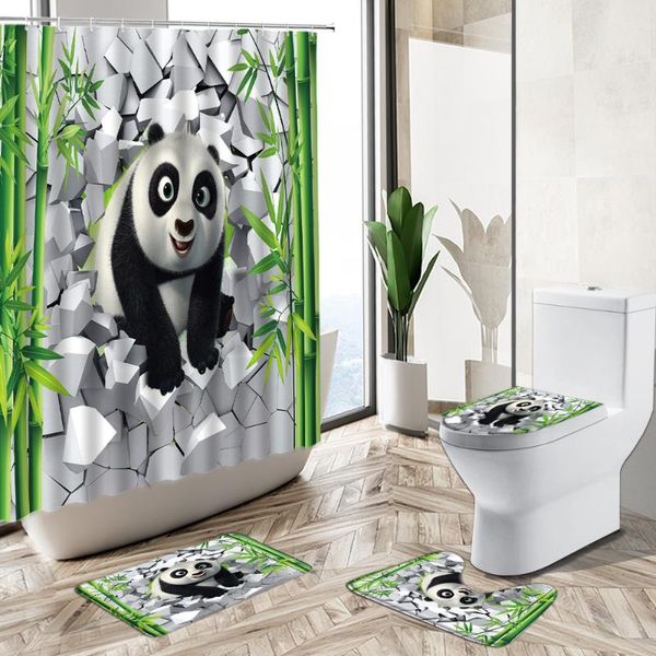 

cute panda bamboo forest green leaf shower curtain cartoon theme non-slip pedestal rug toilet cover child baby bathroom deco set curtains