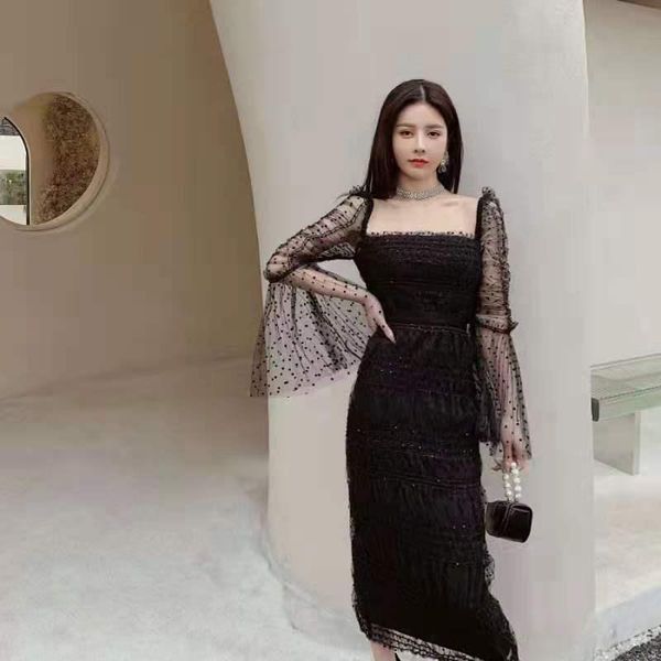 

casual dresses elegant vacation women dress 2021 fashion slash neck gauze flare sleeve folds tassel patchwork party slim sweet, Black;gray