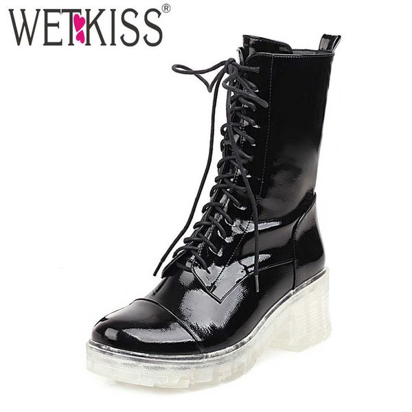 

wetkiss transparent heel ankle boots woman clear platform skid proof short booties women patent cross tied shoes ladies big size 210630, Black