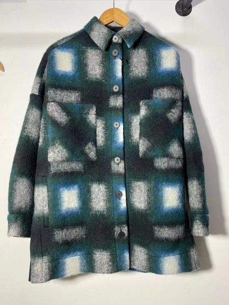 

women's wool & blends women's plaid long coat outwear sleeve single breasted turn-down collar jacket large pockets 2021 autumn wint, Black