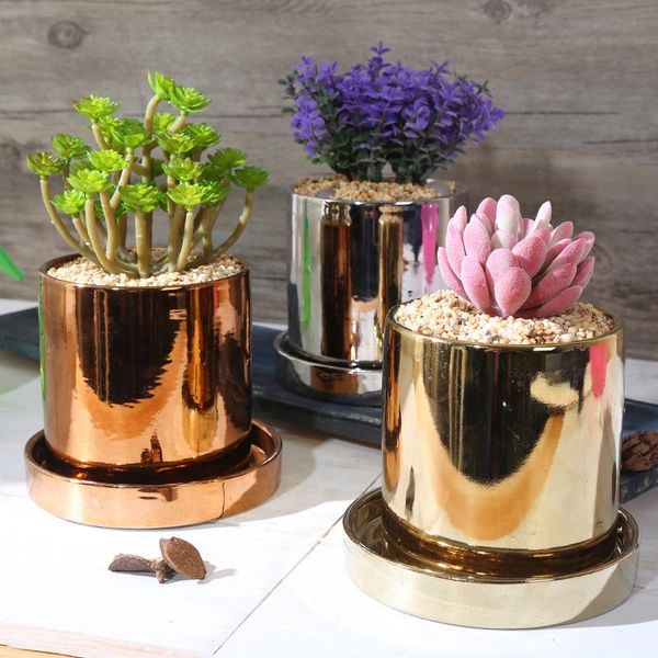 

vases ceramic flower pot with drainage hole and tray electroplated golden vase for succulent room interior home decoration accessories