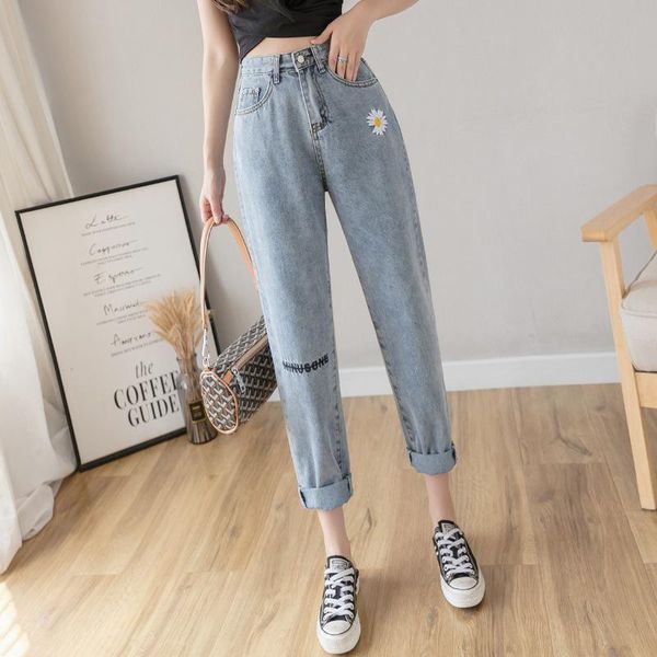 

women's jeans and summer 2021 small daisy high waist thin wide leg embroidery loose radish harun nine point daddy pants, Blue