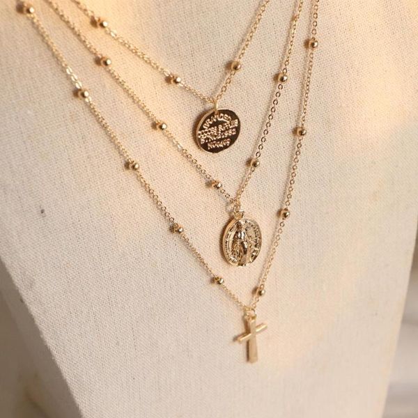 

pendant necklaces vintage boho gold metal coin 3 layers necklace for women fashion chain long choker collar jewelry, Silver