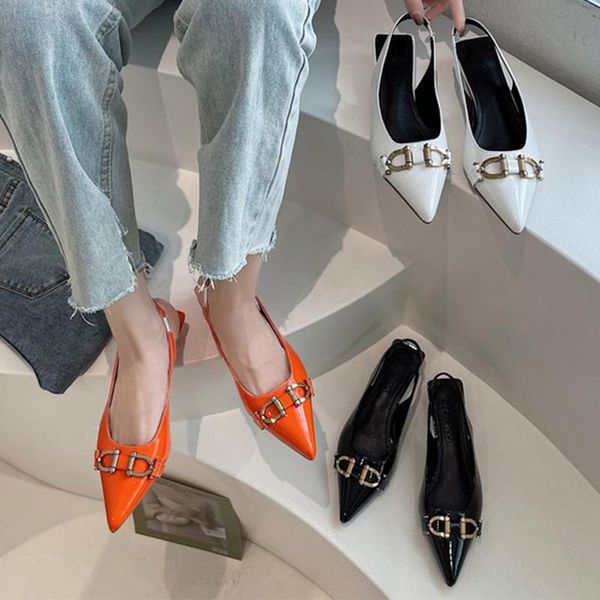 

sandals women pointed toe thin low heels summer female elegant metal decoration back strap dress party shoes, Black